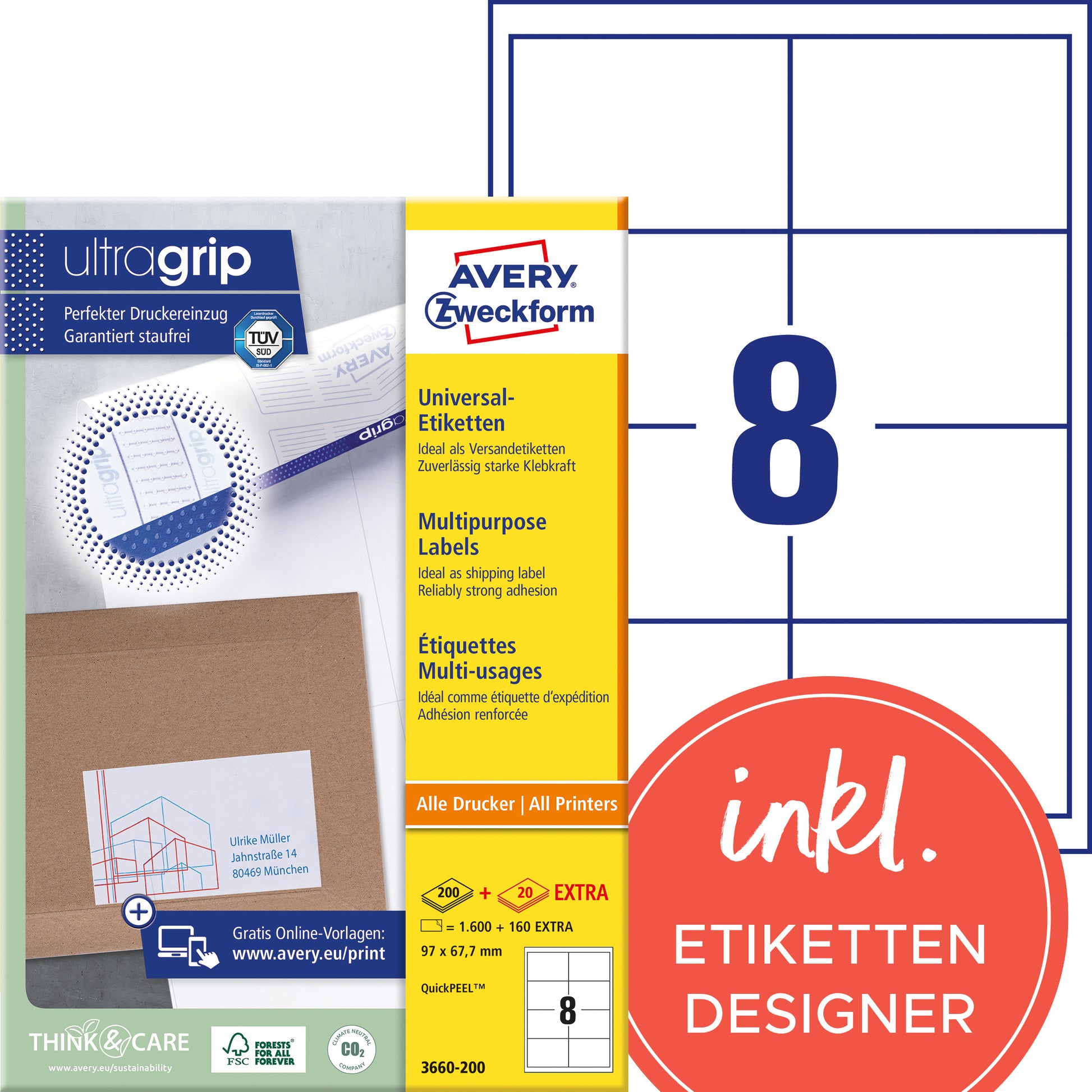 AVERY ZWECKFORM Etiketten 97×67,7mm 3660-200 weiss 1760 Stk./200+20 Blatt