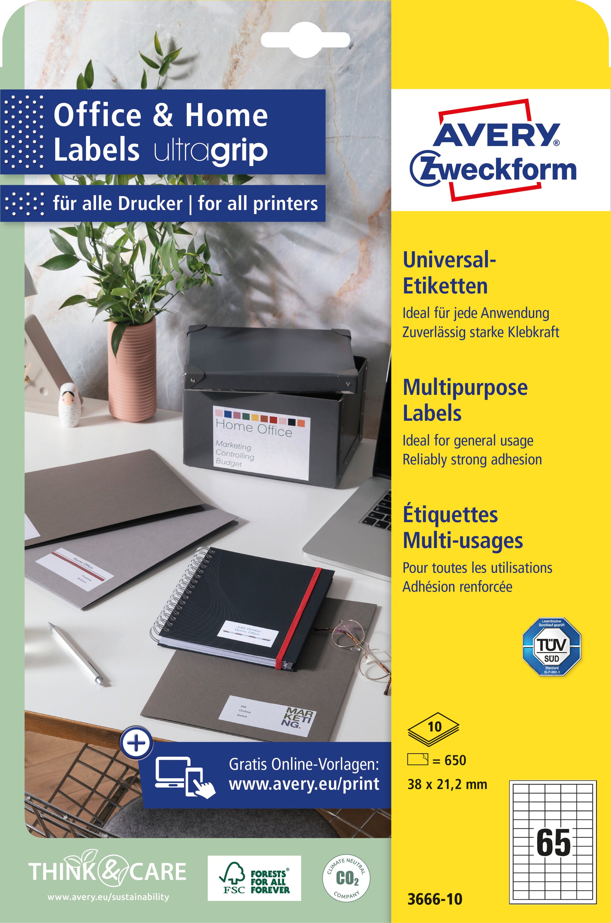 AVERY ZWECKFORM Universal-Etiketten 38x21,2mm 3666-10 weiss 650 Stk./10 Blatt