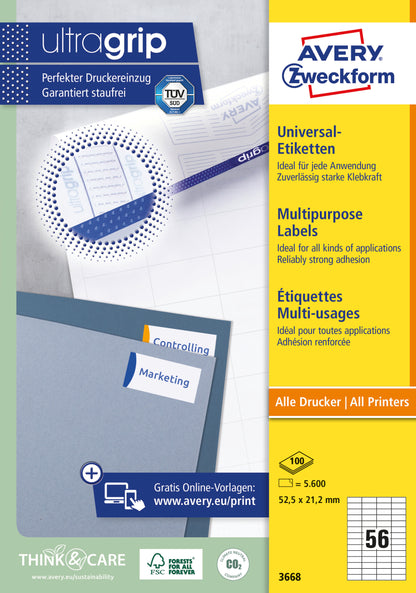 AVERY ZWECKFORM Universal-Etikett. 52,5x21,2mm 3668 weiss 5600 Stk./100 Blatt