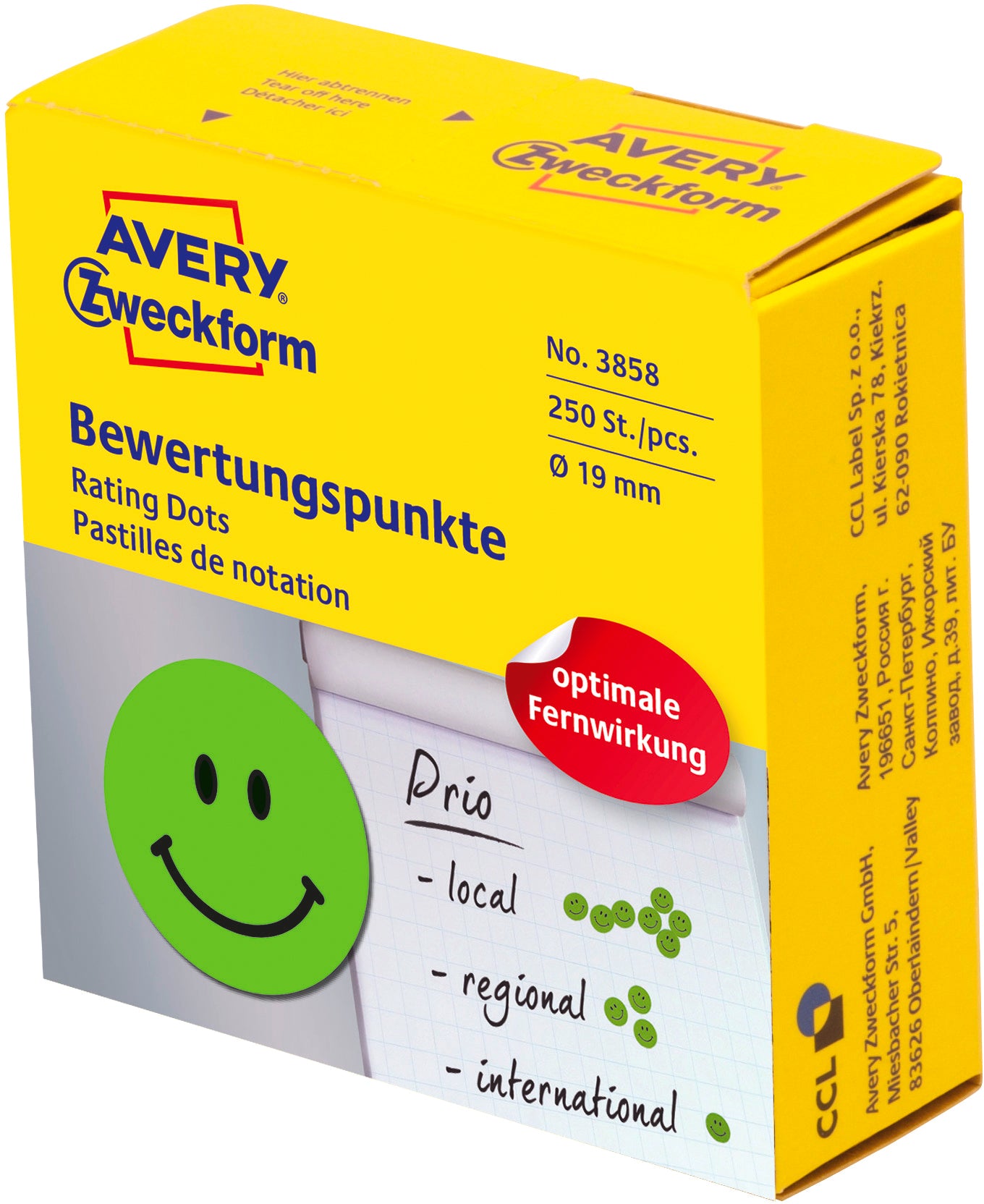 AVERY ZWECKFORM Bewertungspunkte Gesicht 19mm 3858 grün, Spender 250 Stück