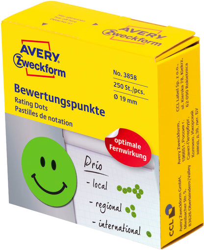 AVERY ZWECKFORM Bewertungspunkte Gesicht 19mm 3858 grün, Spender 250 Stück