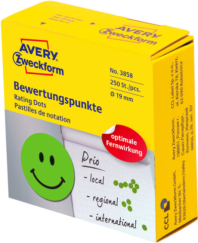 AVERY ZWECKFORM Bewertungspunkte Gesicht 19mm 3858 grün, Spender 250 Stück