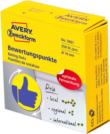 AVERY ZWECKFORM Bewertungspunkte Daumen 19mm 3861 gelb, Spender 250 Stück