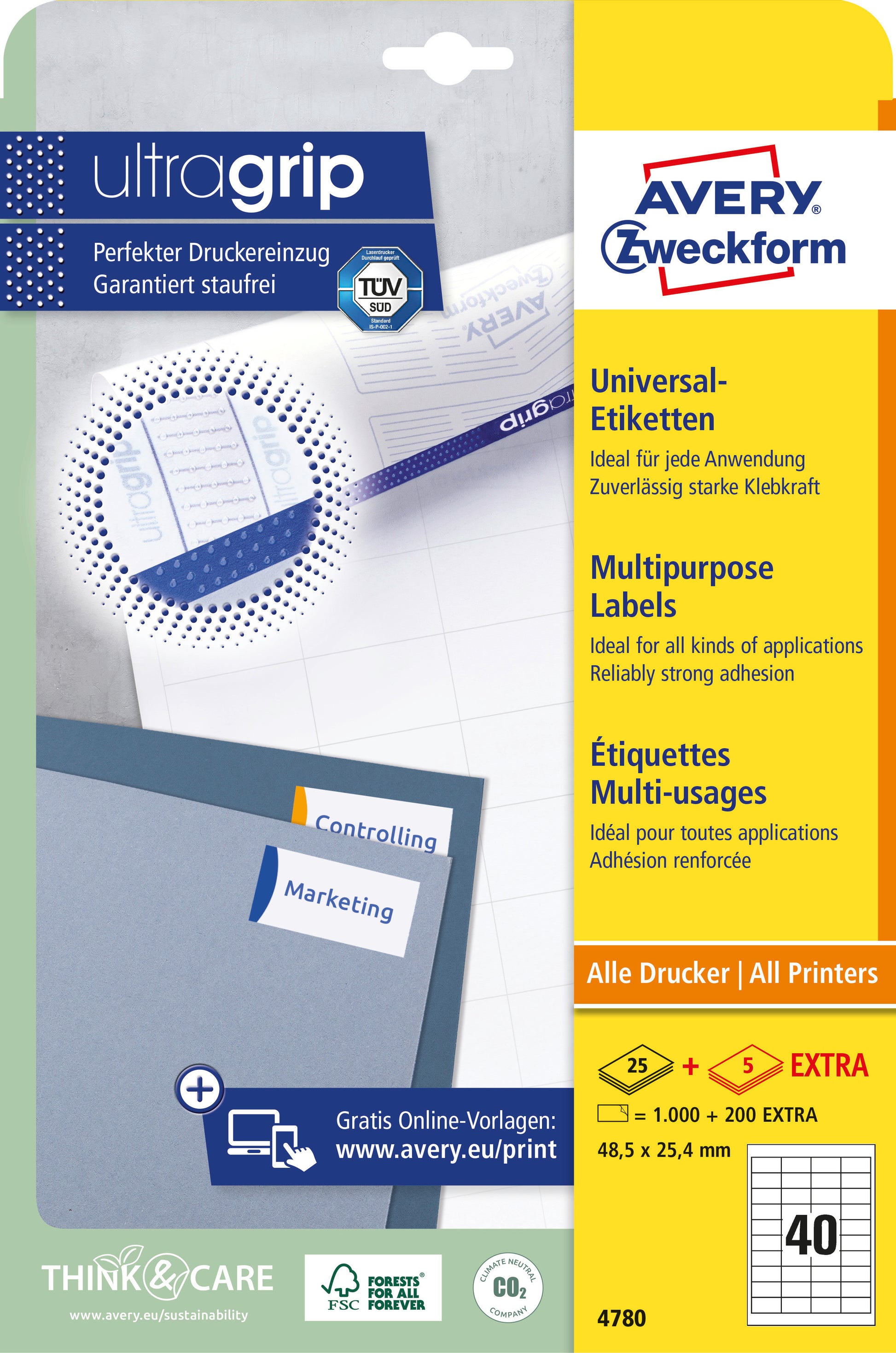 AVERY ZWECKFORM Etiketten (1000 Stück) A4 4780 weiss 1200 Stk./25 + 5 Blatt