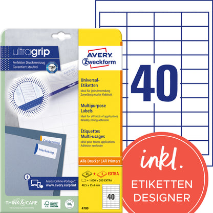 AVERY ZWECKFORM Etiketten (1000 Stück) A4 4780 weiss 1200 Stk./25 + 5 Blatt