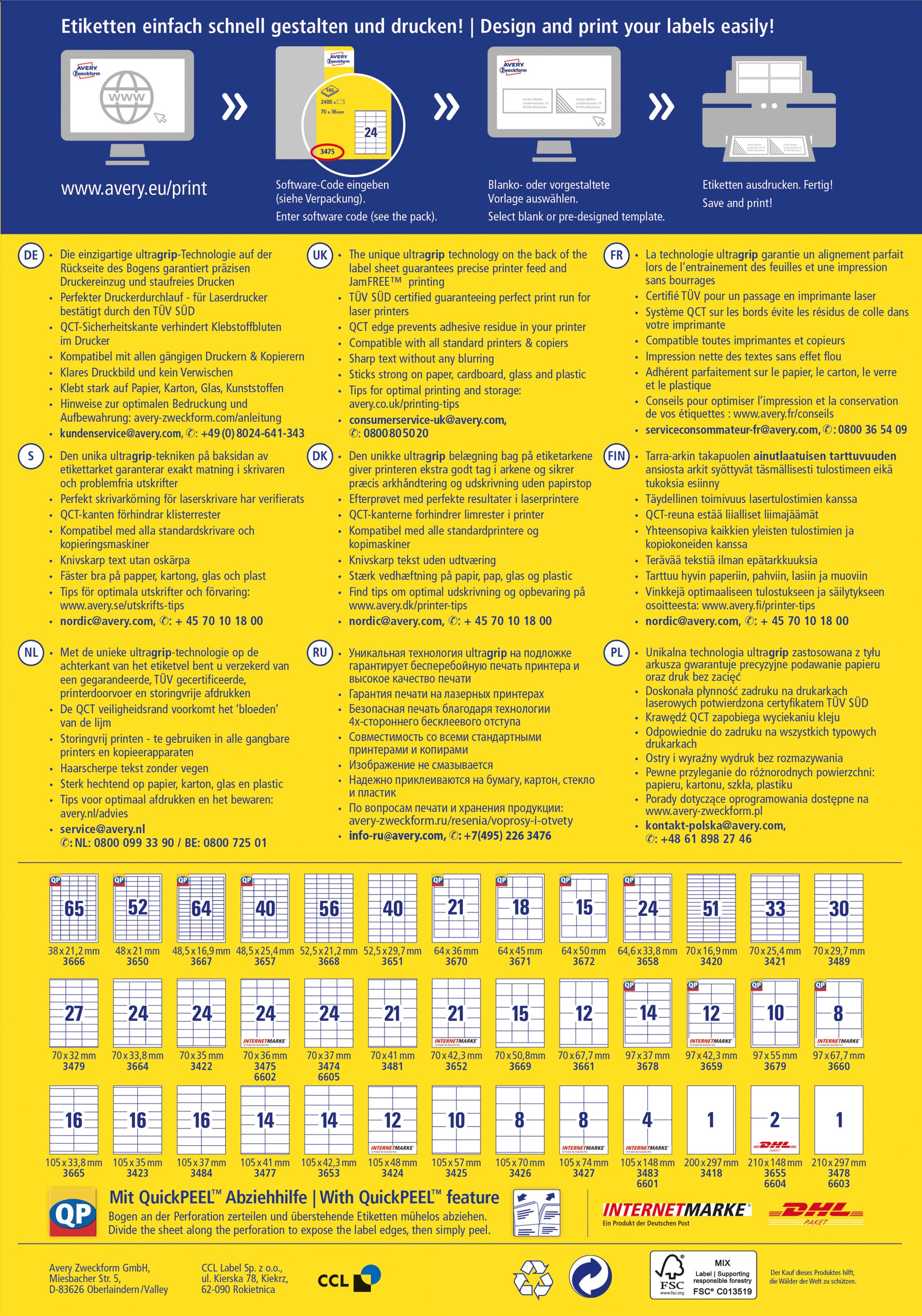 AVERY ZWECKFORM Universal-Etiketten 485x254mm 4780-65 weiss 50+15 Blatt