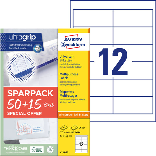 AVERY ZWECKFORM Universal-Etiketten 97x423mm 4781-65 weiss 50+15 Blatt