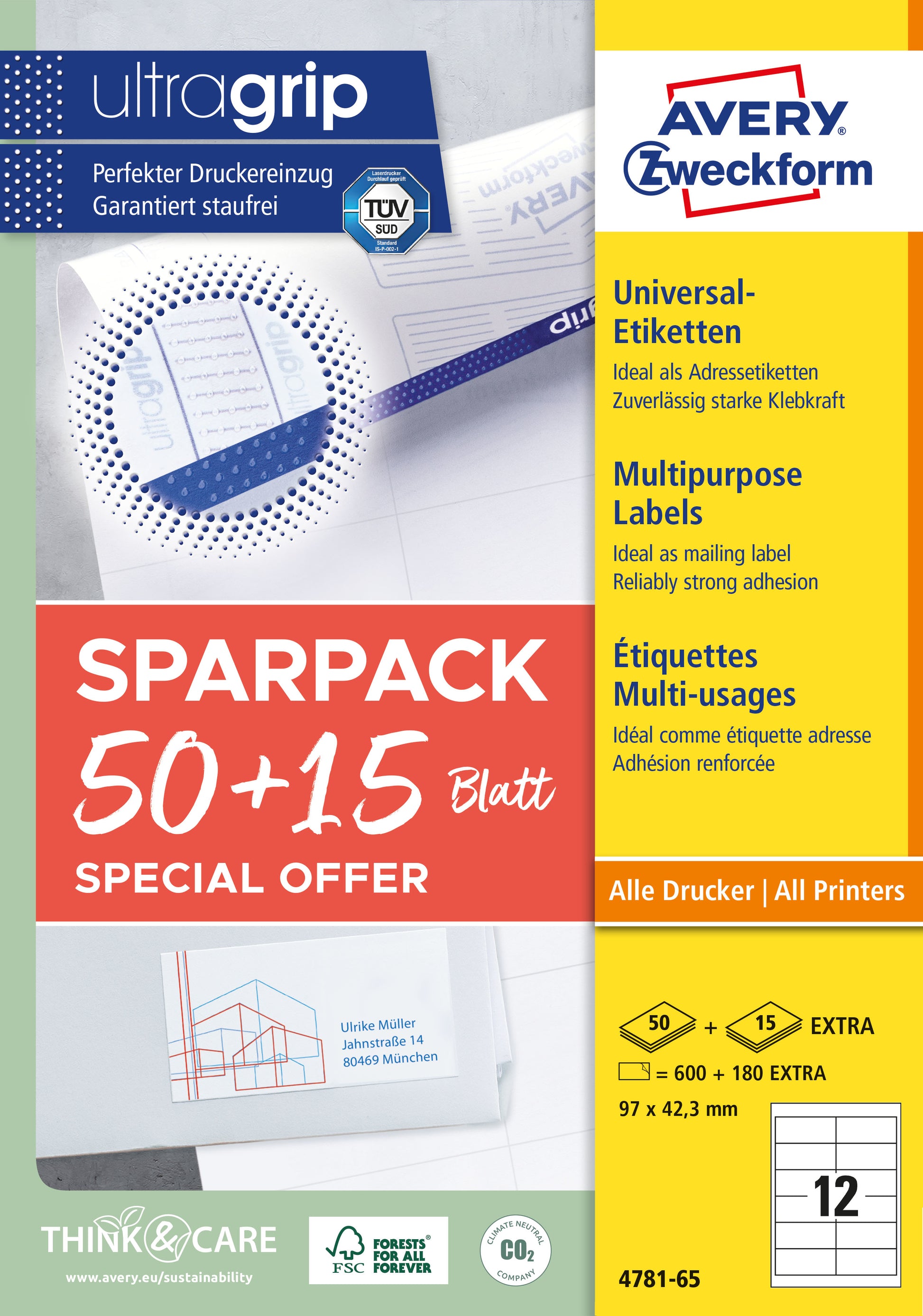 AVERY ZWECKFORM Universal-Etiketten 97x423mm 4781-65 weiss 50+15 Blatt