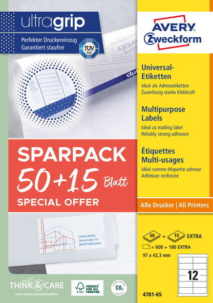 AVERY ZWECKFORM Universal-Etiketten 97x423mm 4781-65 weiss 50+15 Blatt