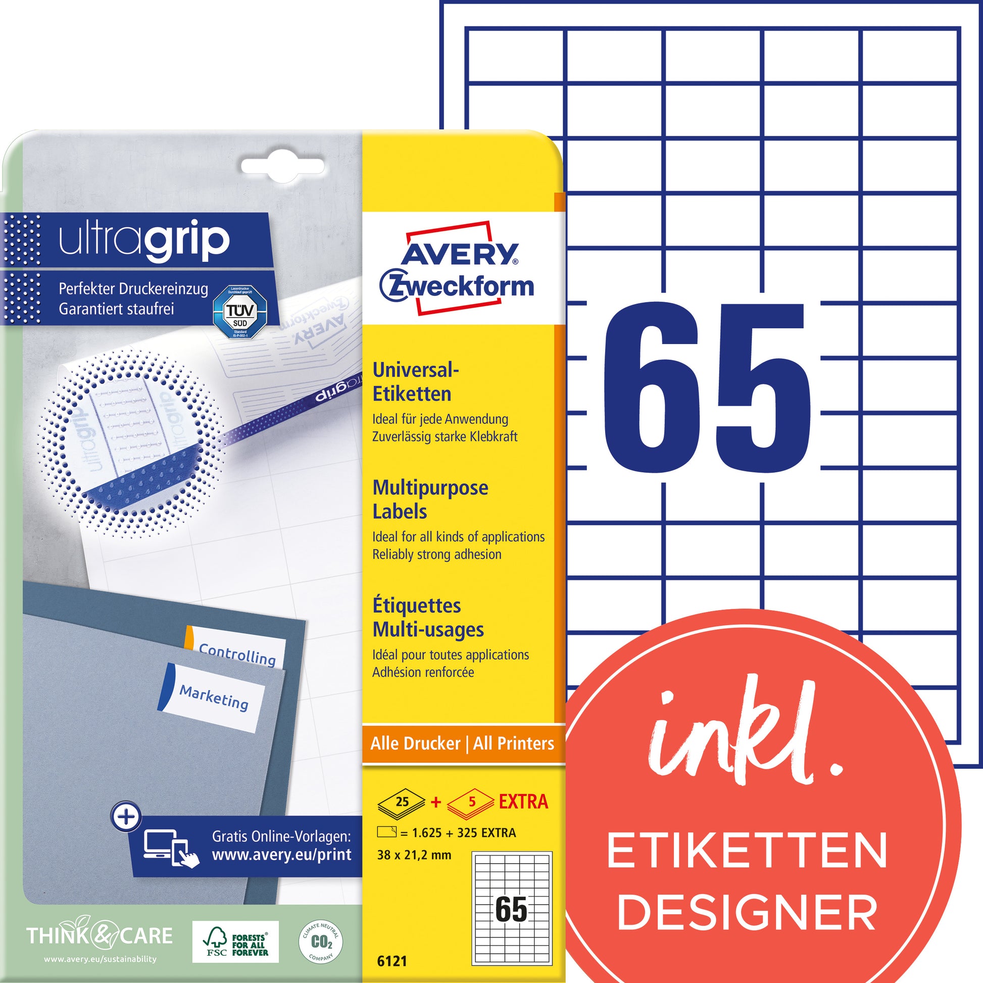 AVERY ZWECKFORM Universal-Etiketten 38x21,2mm 6121 weiss 1950 Stk./25 + 5 Blatt