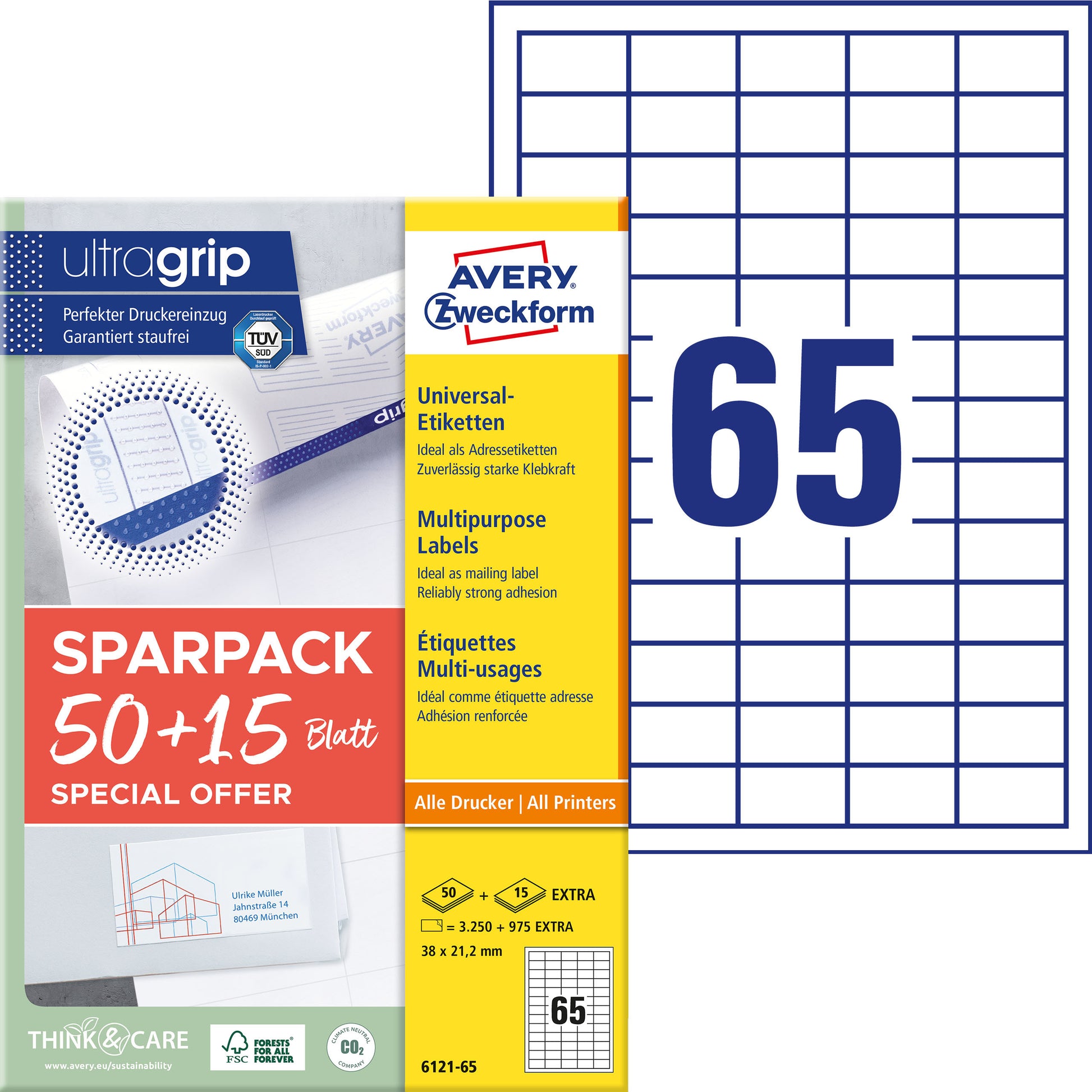 AVERY ZWECKFORM Universal-Etiketten 38x212mm 6121-65 weiss 50+15 Blatt