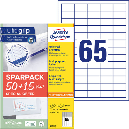 AVERY ZWECKFORM Universal-Etiketten 38x212mm 6121-65 weiss 50+15 Blatt
