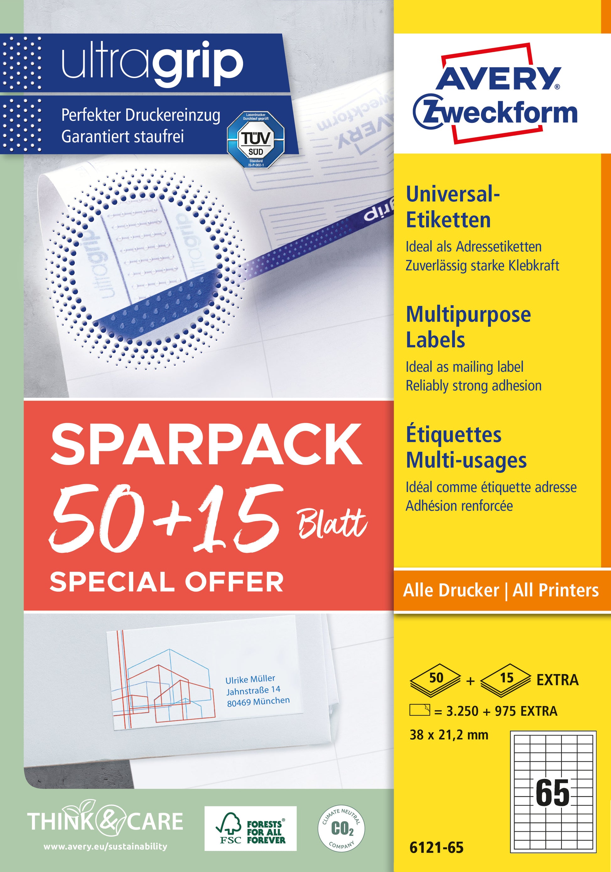 AVERY ZWECKFORM Universal-Etiketten 38x212mm 6121-65 weiss 50+15 Blatt