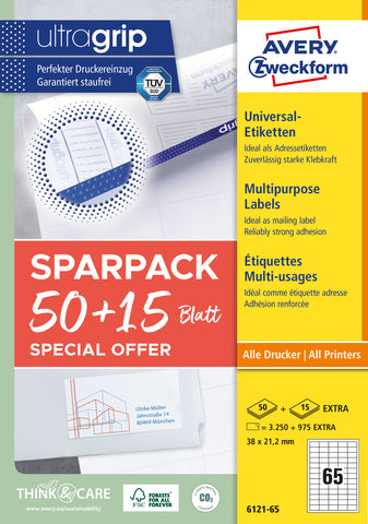 AVERY ZWECKFORM Universal-Etiketten 38x212mm 6121-65 weiss 50+15 Blatt