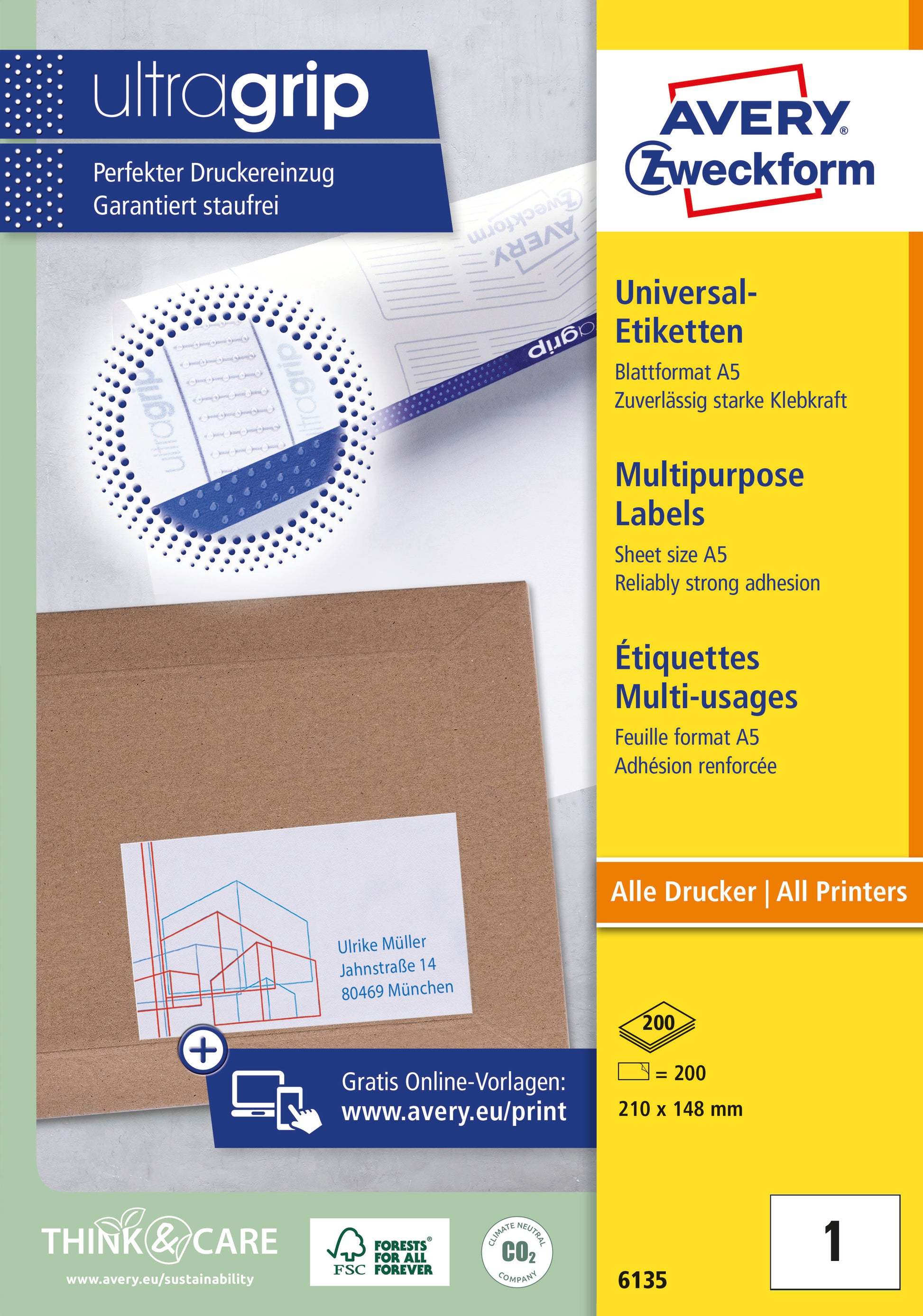 AVERY ZWECKFORM Universal Etiketten 210x148mm 6135 weiss 200 Stk./200 Blatt