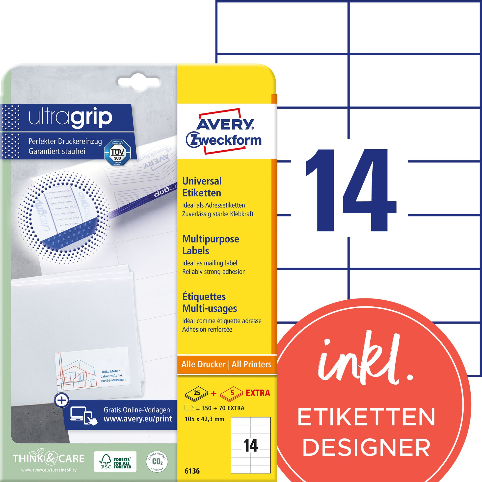 AVERY ZWECKFORM Universal-Etiketten 105x423mm 6136 weiss 30 Blatt