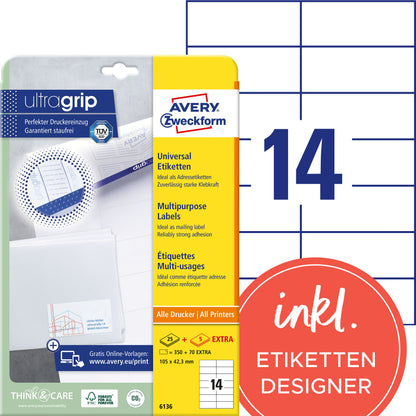 AVERY ZWECKFORM Universal-Etiketten 105x423mm 6136 weiss 30 Blatt