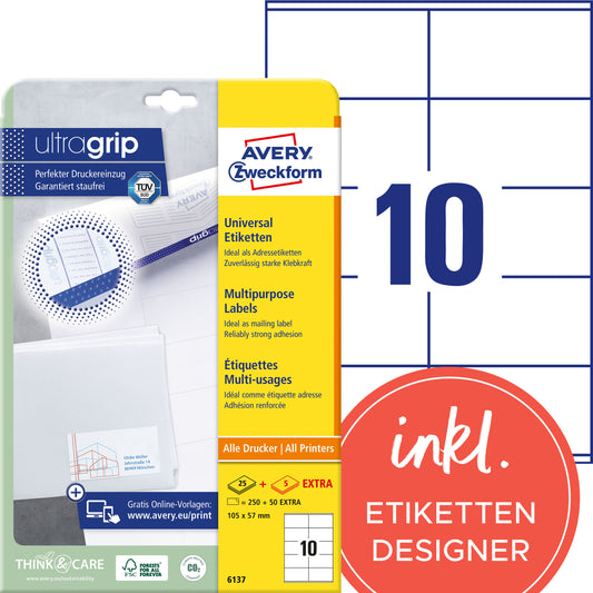 AVERY ZWECKFORM Universal-Etiketten 105x57mm 6137 weiss 30 Blatt