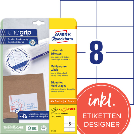 AVERY ZWECKFORM Universal-Etiketten 105x74mm 6138 weiss 30 Blatt