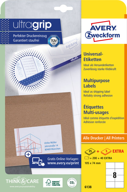 AVERY ZWECKFORM Universal-Etiketten 105x74mm 6138 weiss 30 Blatt