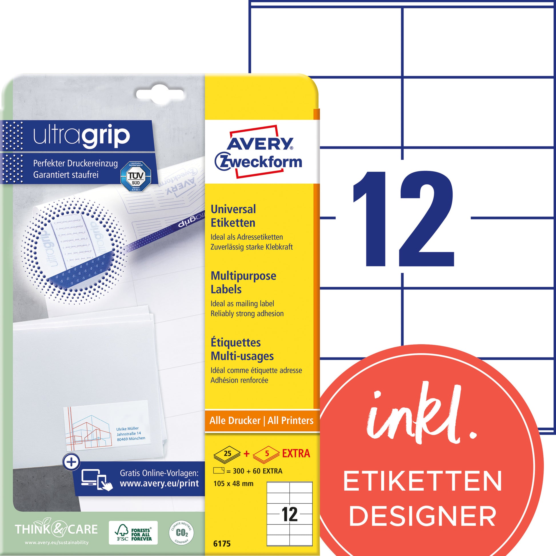 AVERY ZWECKFORM Universaletiketten 105x48mm 6175 weiss 360 Stk./25 + 5 Blatt