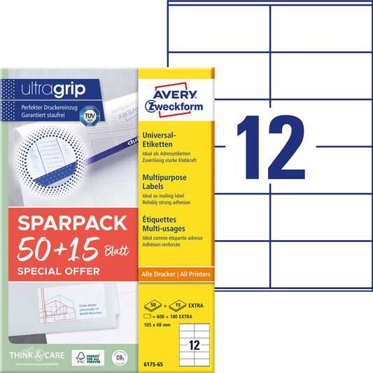 AVERY ZWECKFORM Universal-Etiketten 105x48mm 6175-65 weiss 50+15 Blatt