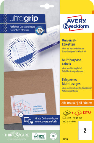 AVERY ZWECKFORM Universaletiketten 210x148mm 6176 weiss 60 Stk./25 + 5 Blatt