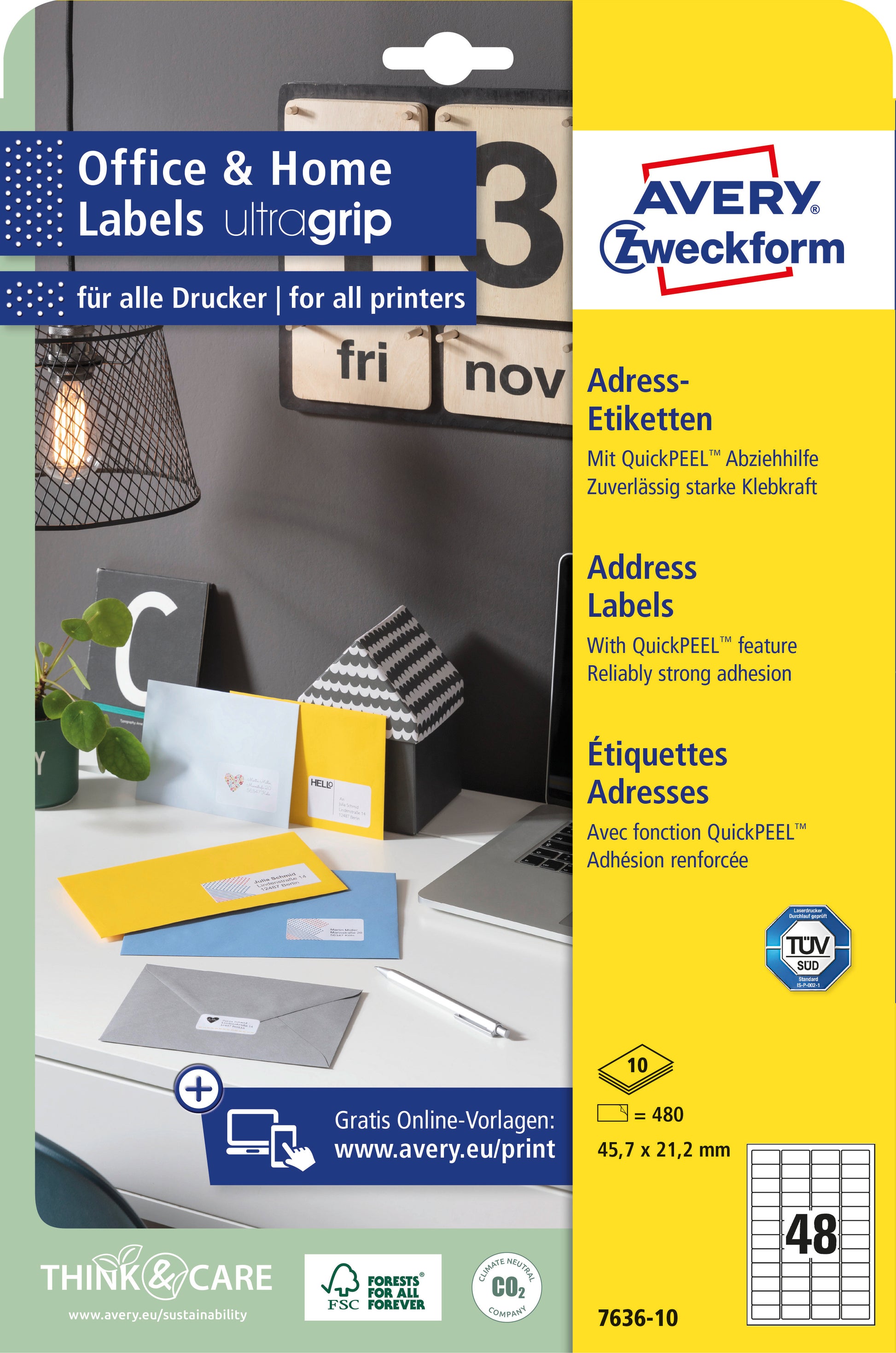 AVERY ZWECKFORM Etiketten 21.2x45.7mm 7636-10 weiss, perm. 10 Blatt/48 Stk.