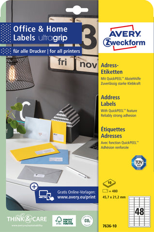 AVERY ZWECKFORM Etiketten 21.2x45.7mm 7636-10 weiss, perm. 10 Blatt/48 Stk.