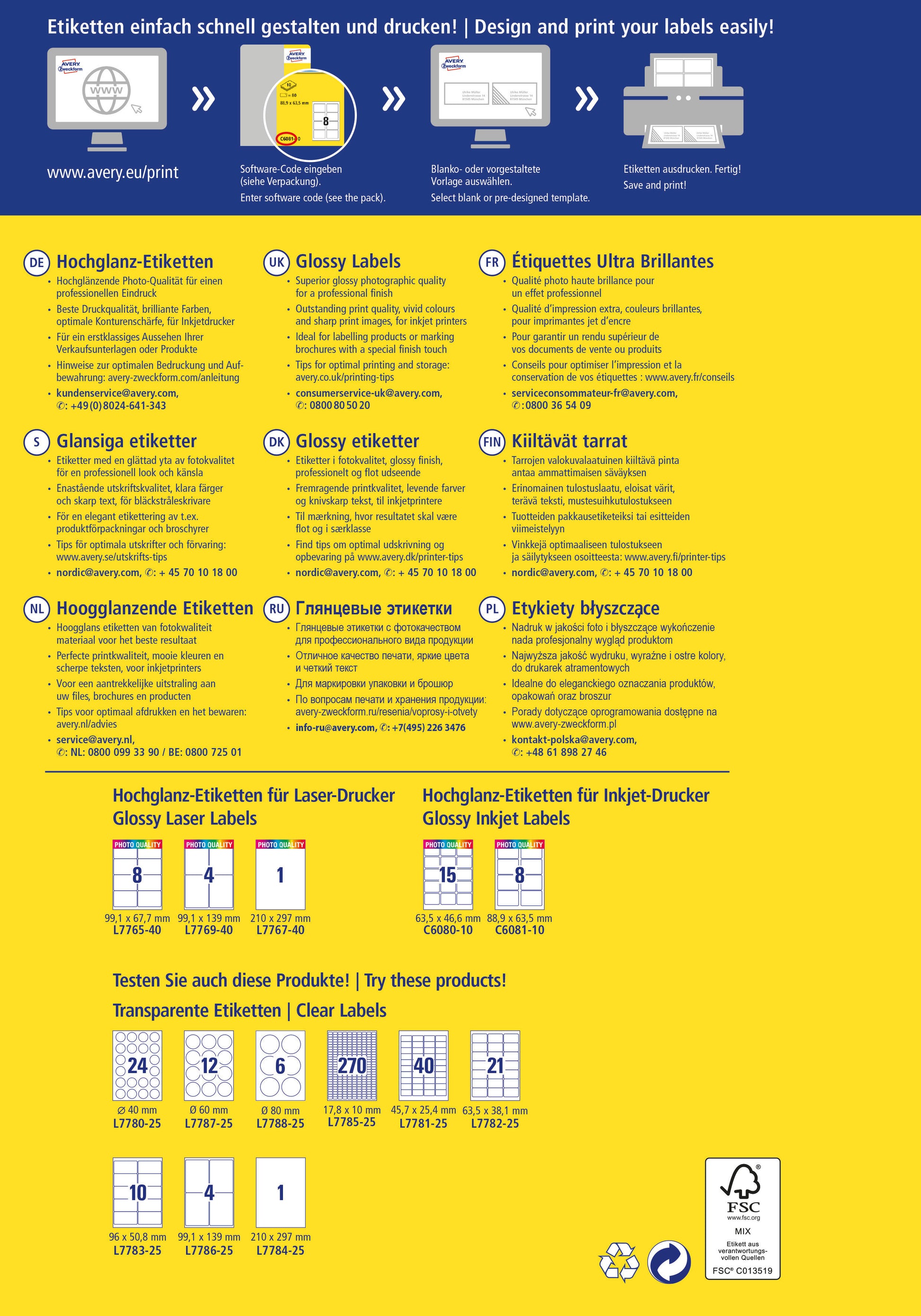 AVERY ZWECKFORM Etiketten 88,9x63,5mm C6081-10 weiss, glossy 80 Stück