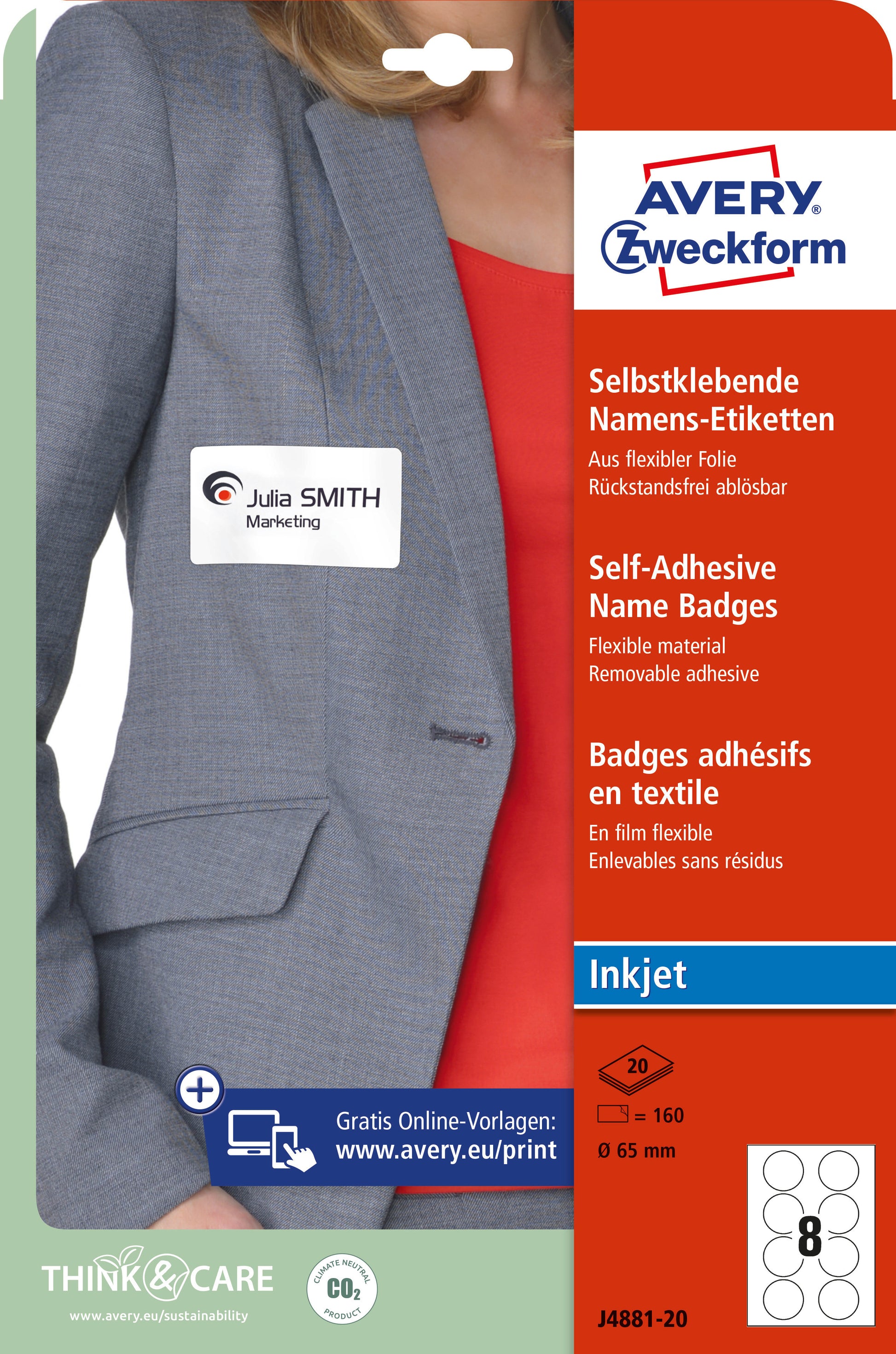 AVERY ZWECKFORM Namensetiketten 65mm J4881-20 weiss 20 Blatt/160 Stk.