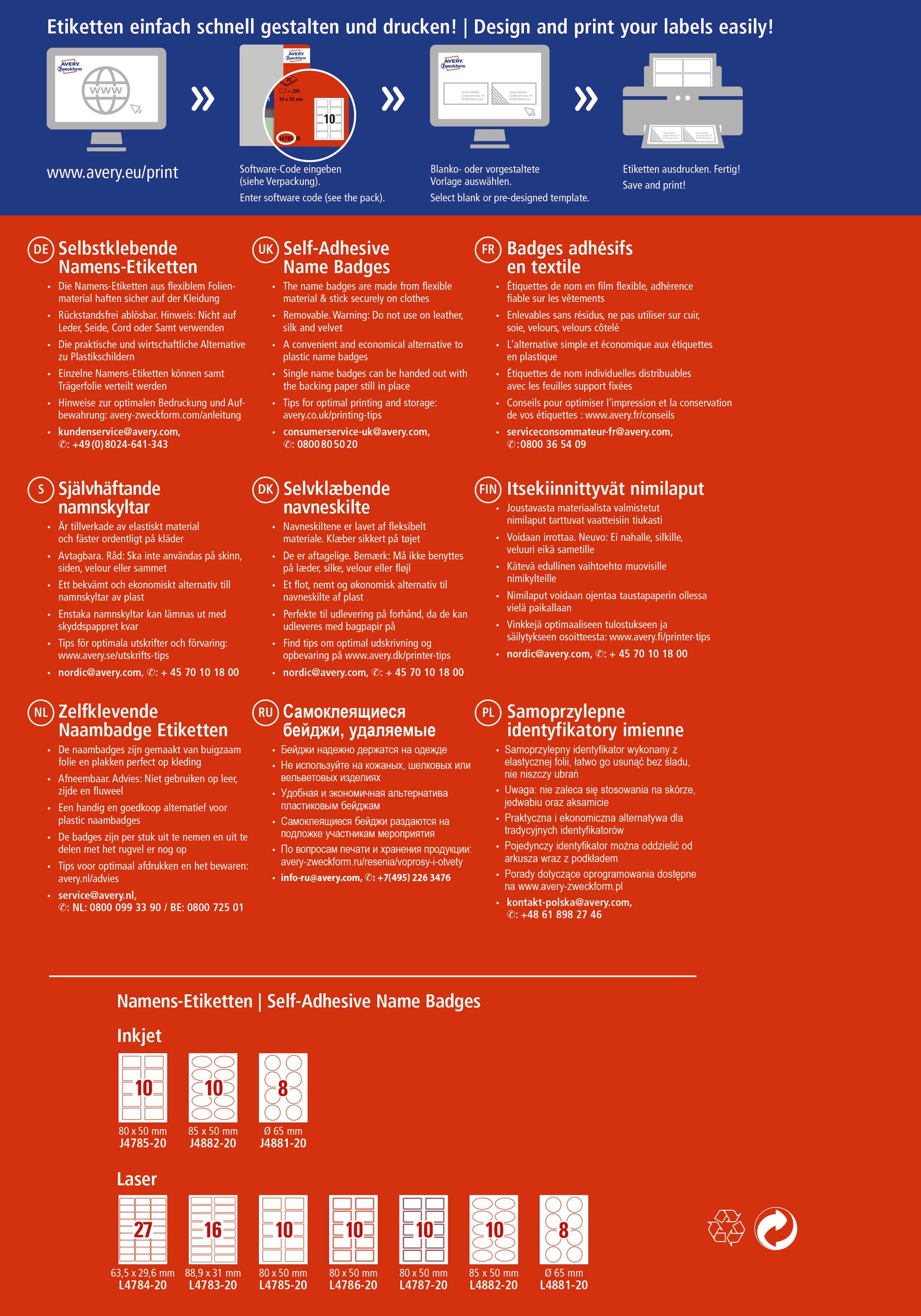 AVERY ZWECKFORM Namensetiketten 65mm J4881-20 weiss 20 Blatt/160 Stk.