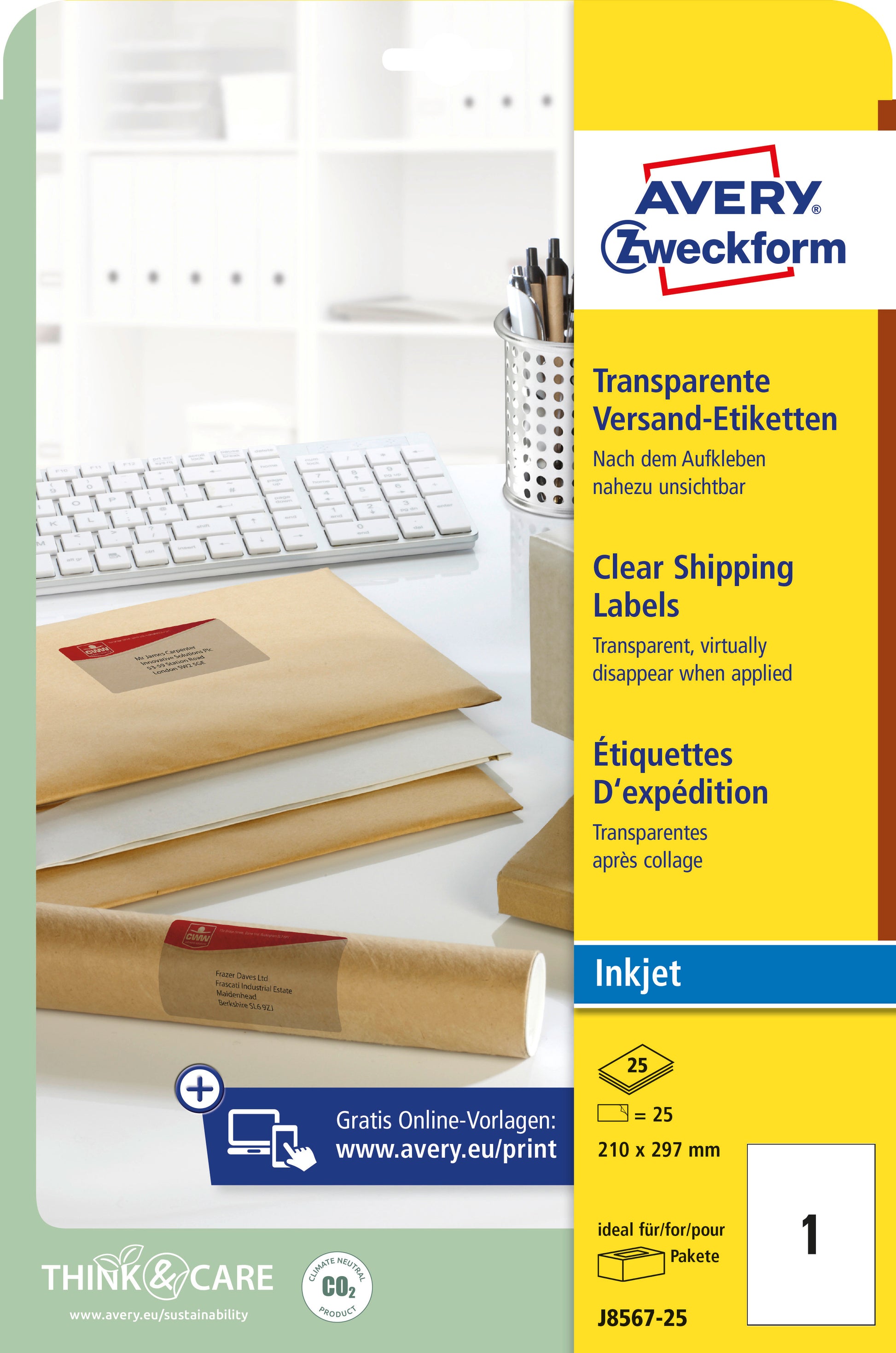 AVERY ZWECKFORM Etiketten 210x297mm J8567-25 transparent 25 Stück