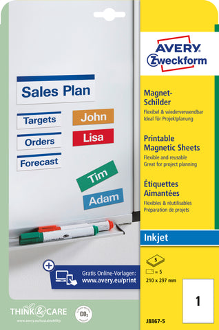 AVERY ZWECKFORM Magnet-Schilder 210x297mm J8867-5 Inkjet 5 Stk./5 Bl.
