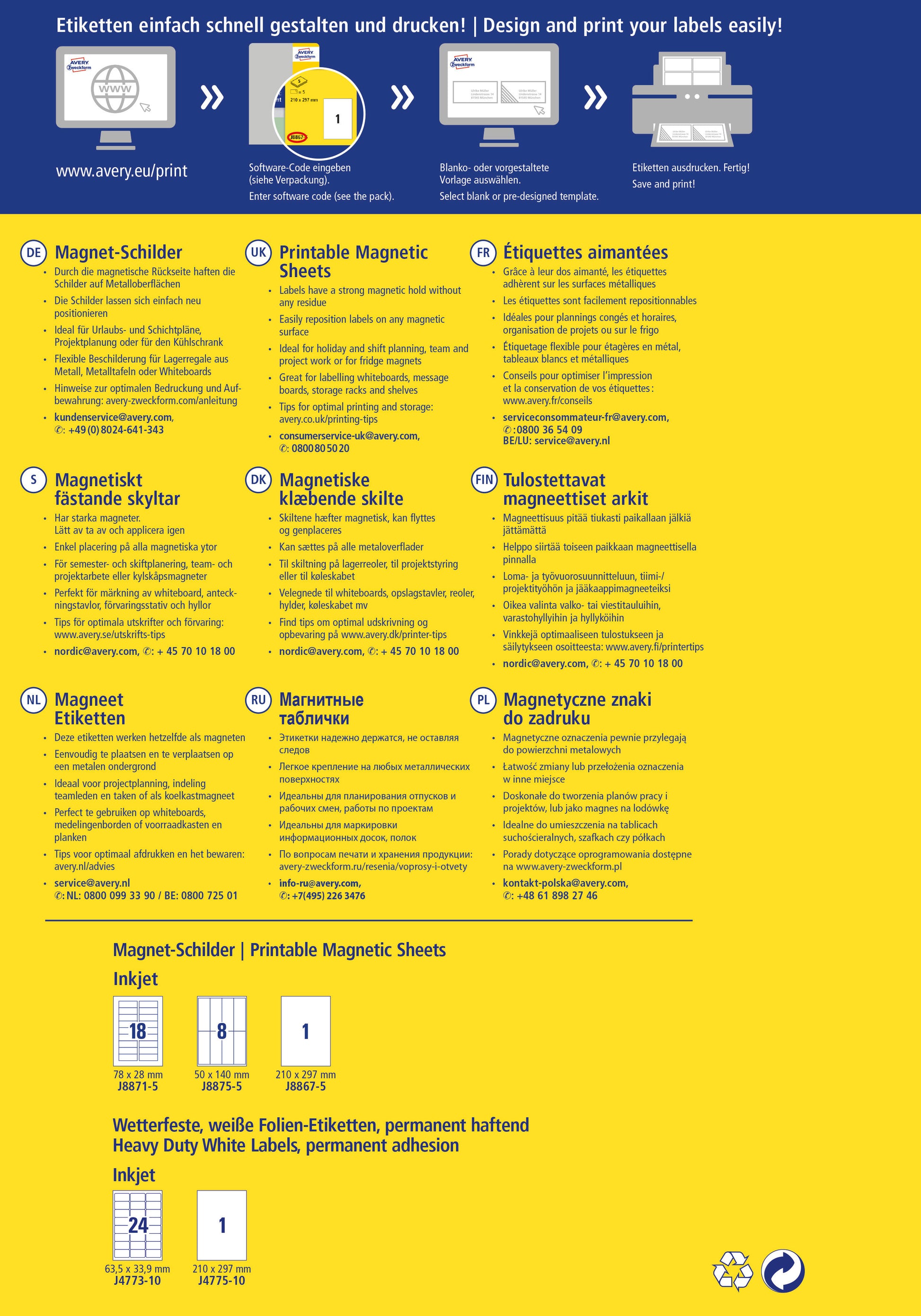 AVERY ZWECKFORM Magnet-Schilder 210x297mm J8867-5 Inkjet 5 Stk./5 Bl.