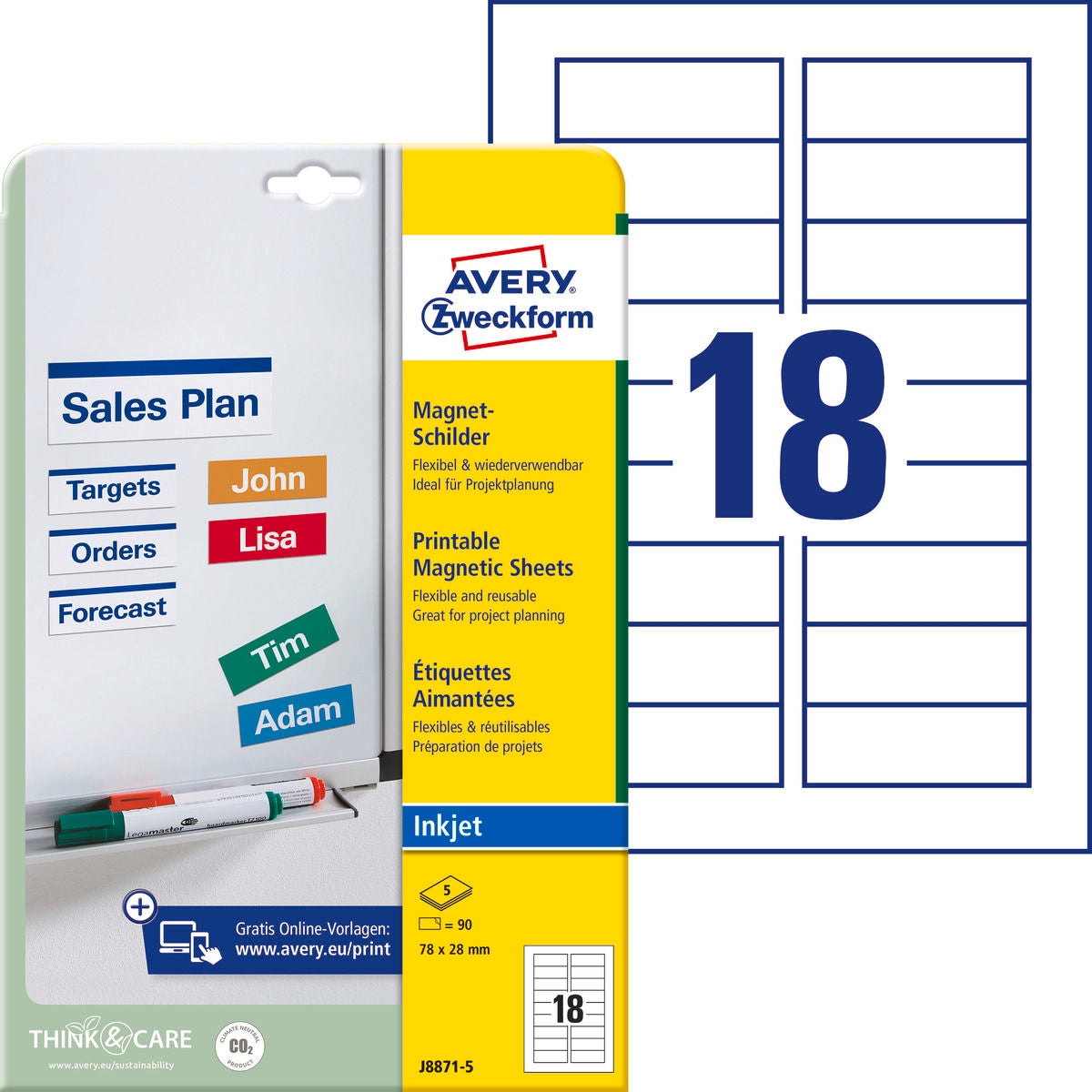 AVERY ZWECKFORM Magnet-Schilder 78x28mm J8871-5 Inkjet 90 Stk./5 Bl.
