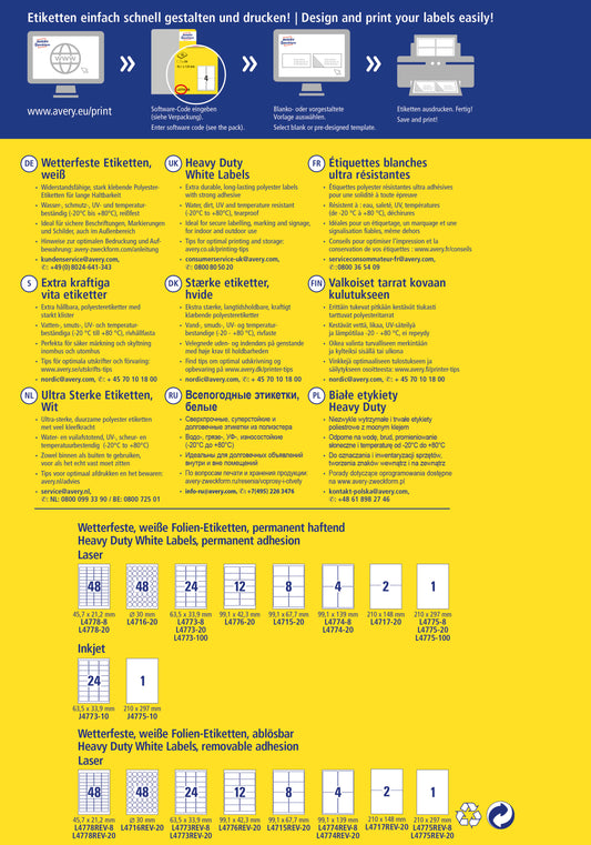 AVERY ZWECKFORM Folienetiketten 30mm L4716-20 weiss, perm. 960 St./20 Bl.