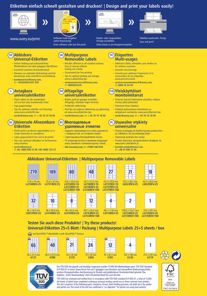 AVERY ZWECKFORM Universal-Etikett. 17,8x10mm L4730REV-25 weiss 8100 Stk./25 + 5 Blatt