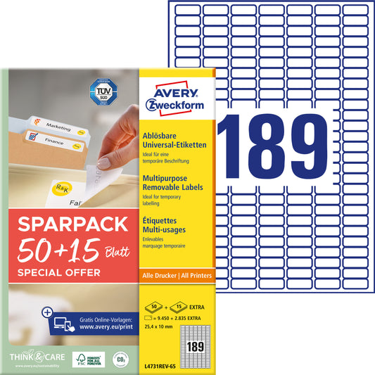 AVERY ZWECKFORM Universal-Etiketten 254x10mm L4731REV-65 weiss 50+15 Blatt