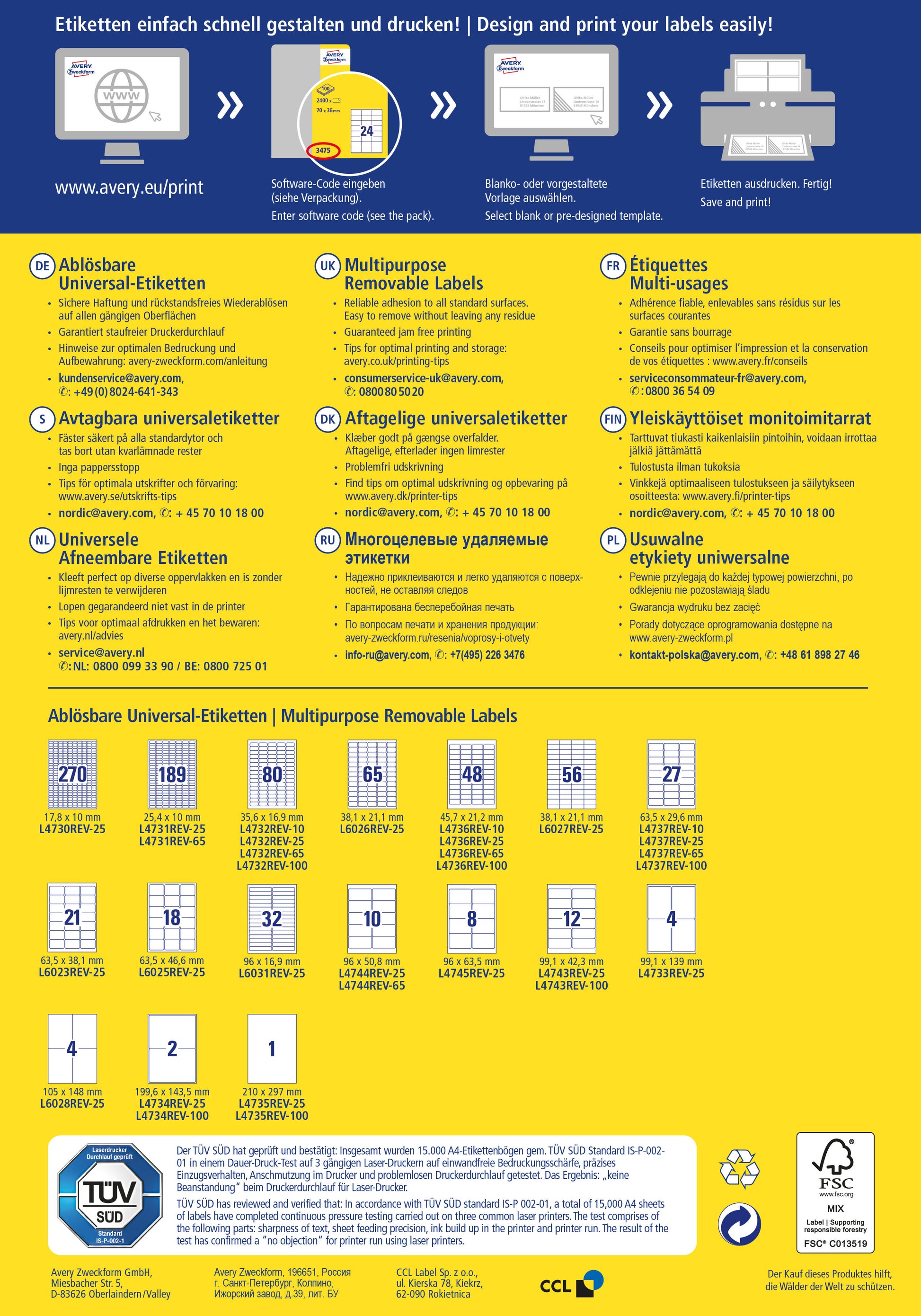 AVERY ZWECKFORM Universal-Etiketten 254x10mm L4731REV-65 weiss 50+15 Blatt