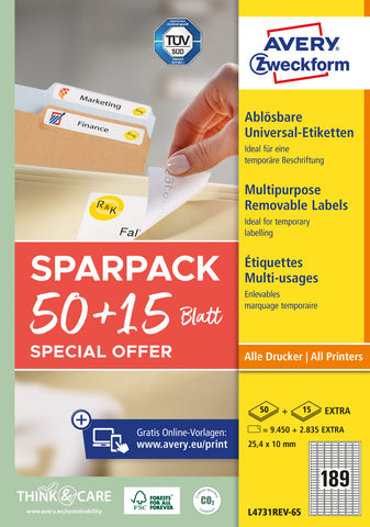 AVERY ZWECKFORM Universal-Etiketten 254x10mm L4731REV-65 weiss 50+15 Blatt