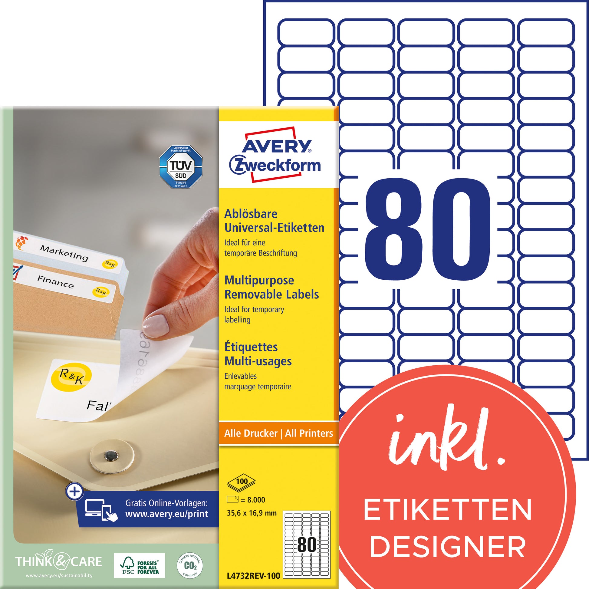 AVERY ZWECKFORM Universaletiketten 35,6x16,9mm L4732REV-100 weiss,non-perm. 8000S./100B.