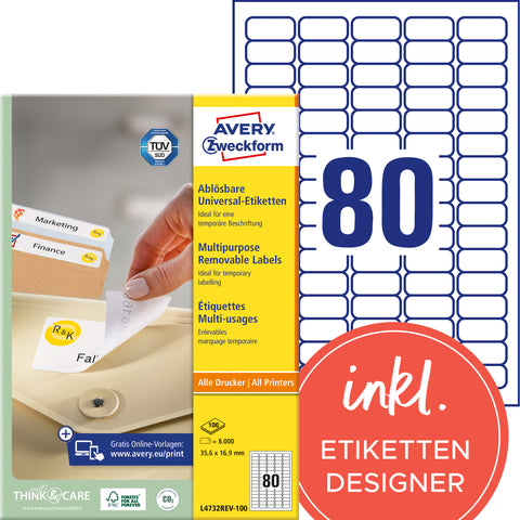 AVERY ZWECKFORM Universaletiketten 35,6x16,9mm L4732REV-100 weiss,non-perm. 8000S./100B.