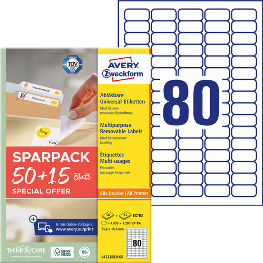 AVERY ZWECKFORM Universal-Etiketten 356x169mm L4732REV-65 weiss 50+15 Blatt