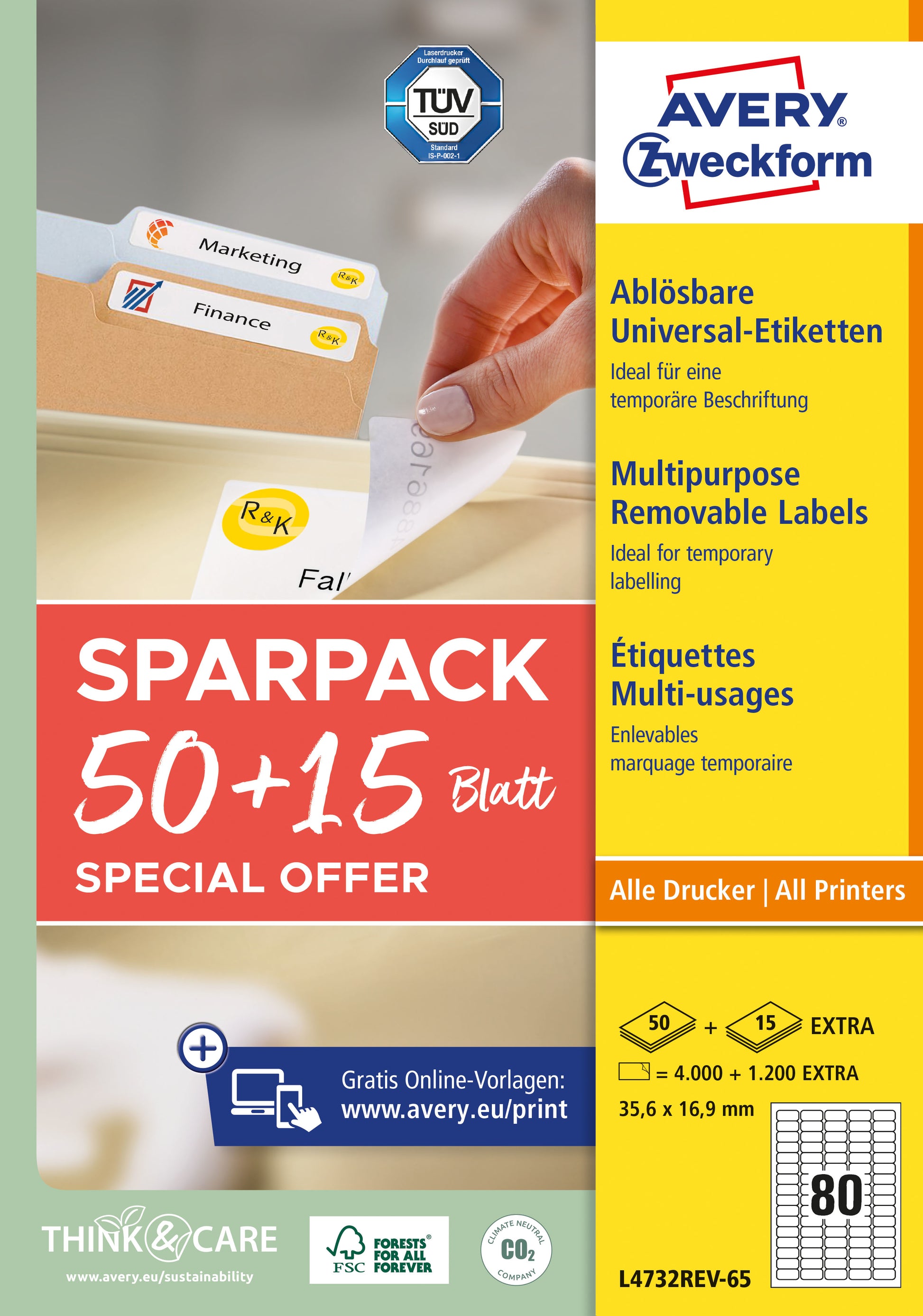 AVERY ZWECKFORM Universal-Etiketten 356x169mm L4732REV-65 weiss 50+15 Blatt