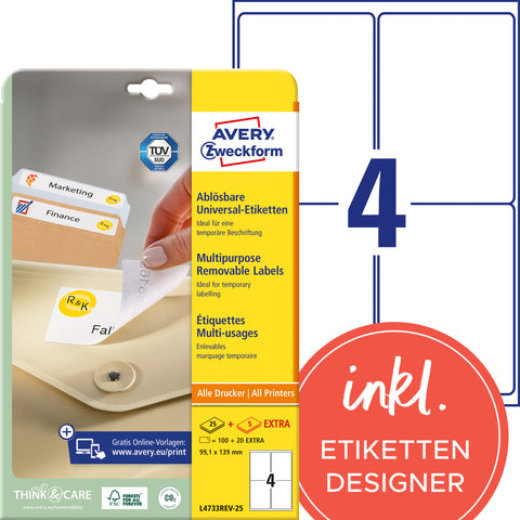 AVERY ZWECKFORM Universaletiketten 99,1x139mm L4733REV-25 weiss 120 Stk./25 + 5 Blatt