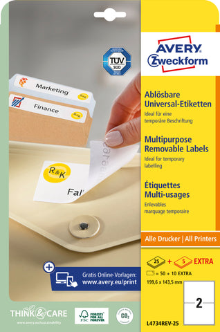AVERY ZWECKFORM Universaletik. 199,6x143,5mm L4734REV-25 weiss 60 Stk./25 + 5 Blatt
