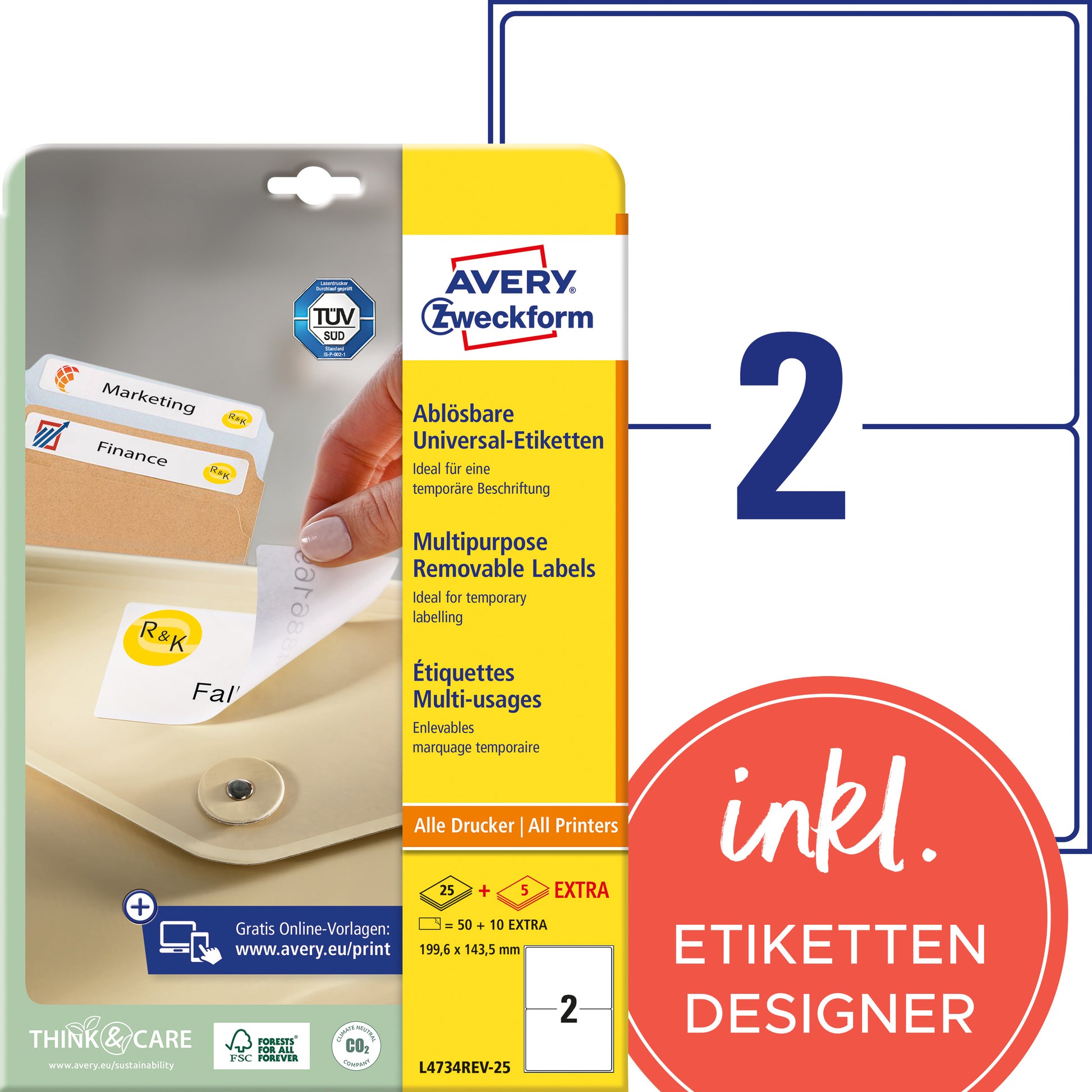 AVERY ZWECKFORM Universaletik. 199,6x143,5mm L4734REV-25 weiss 60 Stk./25 + 5 Blatt