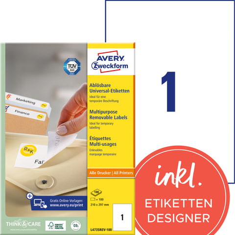 AVERY ZWECKFORM Universaletiketten 210x297mm L4735REV-100 weiss,non-perm. 100Stk./100Bl.