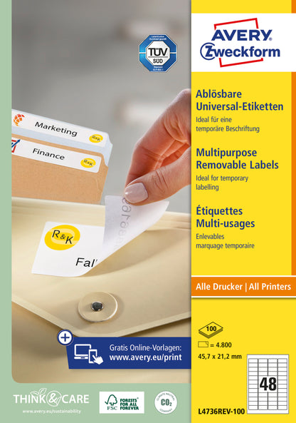 AVERY ZWECKFORM Universaletiketten 45,7x21,2mm L4736REV-100 weiss,non-perm. 4800S./100B.